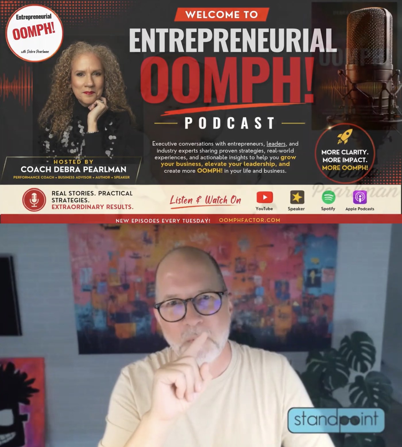 Two frames from the episode, stacked: above, the Entrepreneurial OOMPH! title card with host Debra Pearlman; below, John Elbing on camera in front of a bright abstract painting