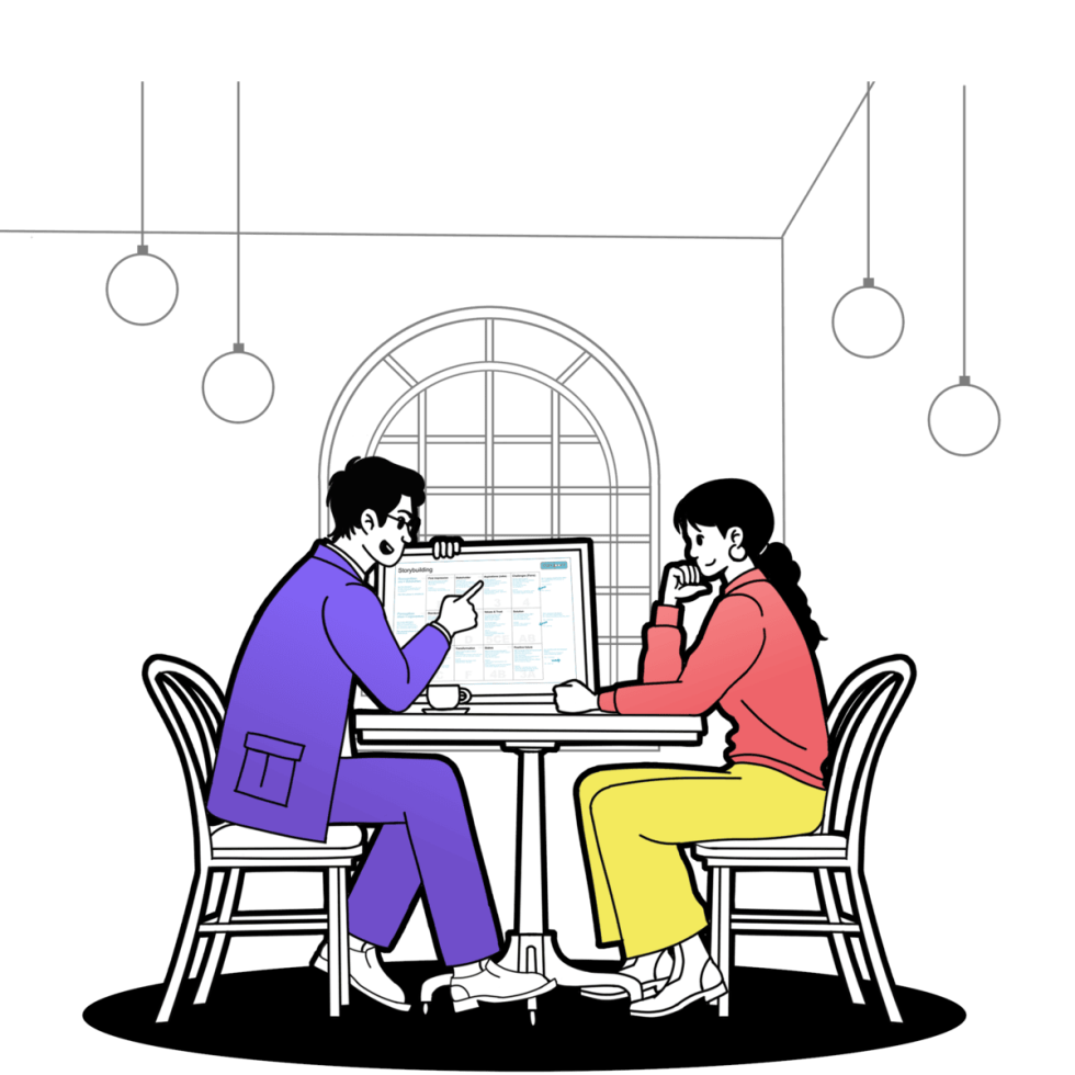 Deux personnes qui testent et affinent une Story ensemble