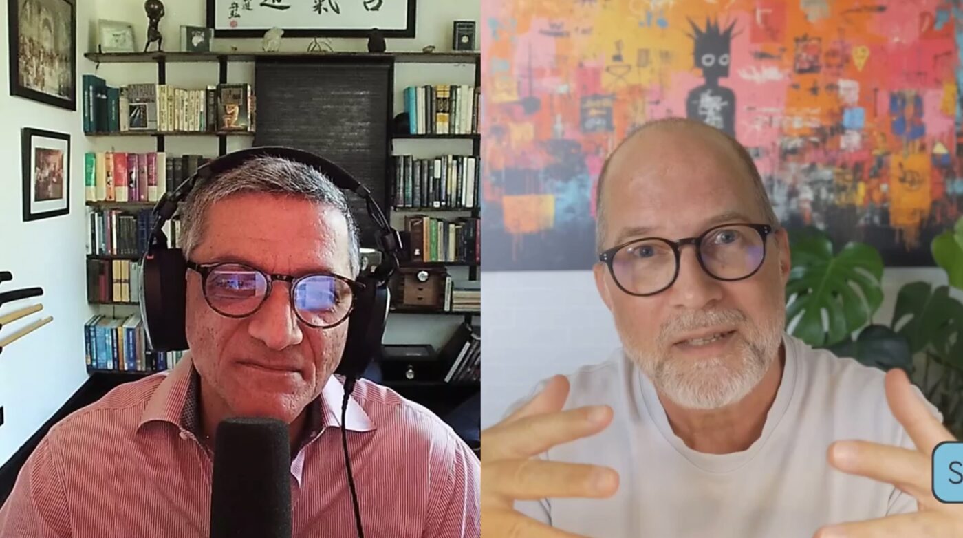 A split screen from the conversation: Arshak Benlian at a microphone in front of a wall of bookshelves, and John Elbing mid-gesture in front of a bright abstract painting