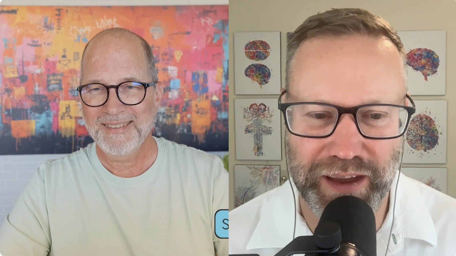 Two frames from the episode side by side: John Elbing smiling in front of a colourful abstract painting on the left, and host David Hardy speaking into a microphone in front of framed brain illustrations on the right