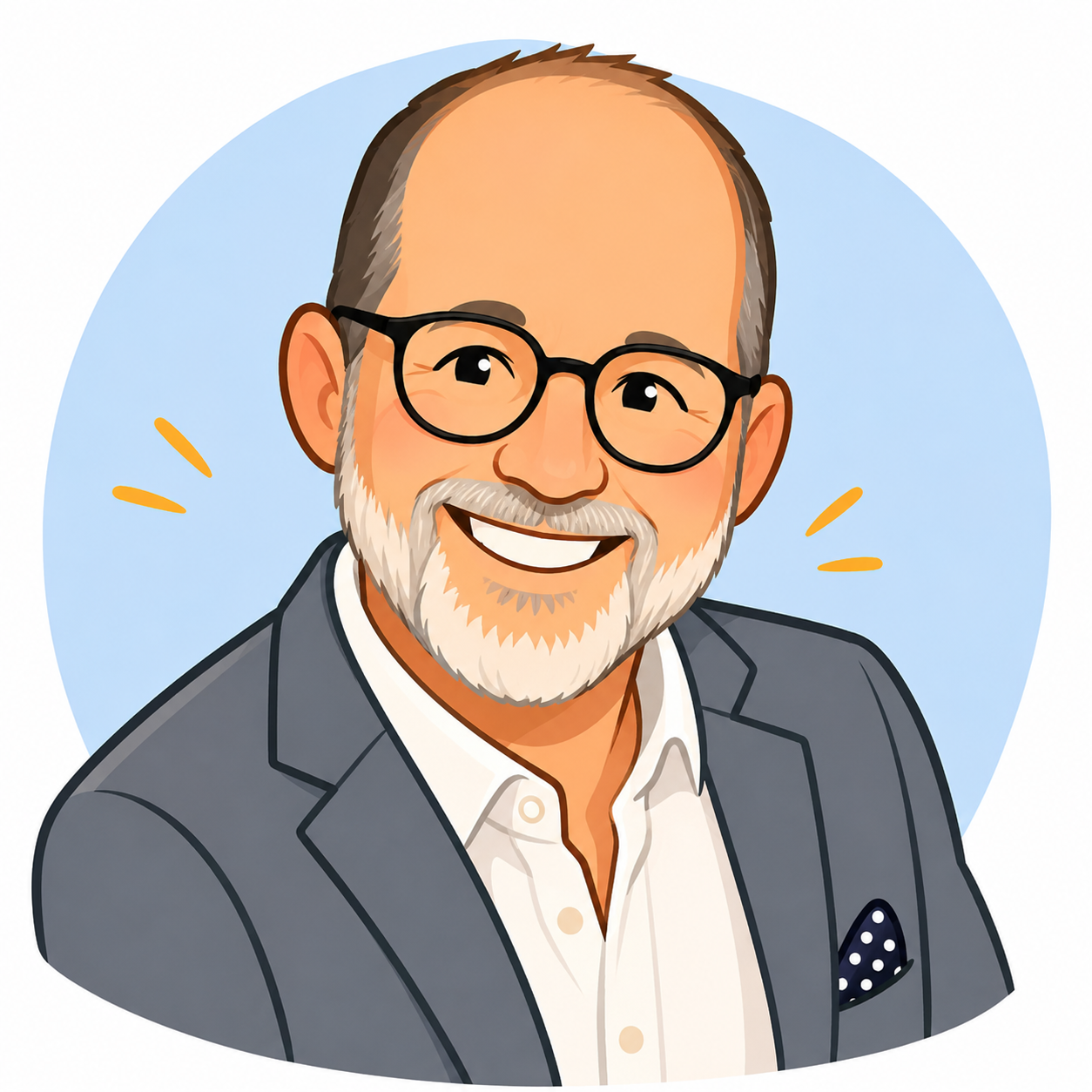 An illustrated portrait of John Elbing, smiling, in a grey jacket and open white shirt